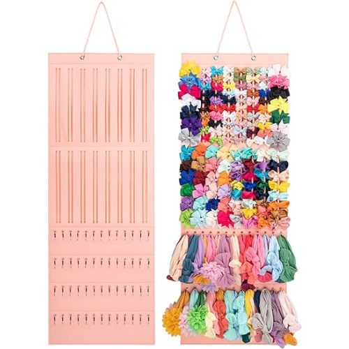 Headband and Hair Bow Holder for Baby Girl, Hanging Newborn Headband Organizer with 52 Hooks for Wall, Room, Door or Closet (Pink)