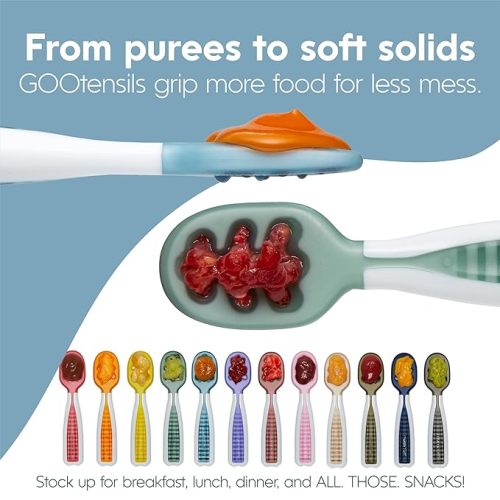 NumNum Baby Spoons Set, Baby Essentials Pre-Spoon GOOtensils for 6+ Months, First Stage Self-Feeding Spoons for Baby Led Weaning (BLW), Silicone Toddler Utensils, BPA-Free, 4 Pack Primary Colors