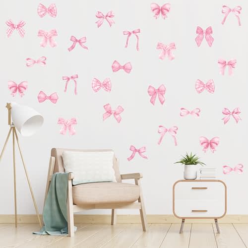 A1diee Bowtie Decal Pink Bow Wall Stickers - 60Pcs Watercolor Coquette Aesthetic Wall Stickers Light Pink Bow Knot Wall Art Decor Vinyl Peel and Stick Room Decor for Kindergarten Nursery Bedroom