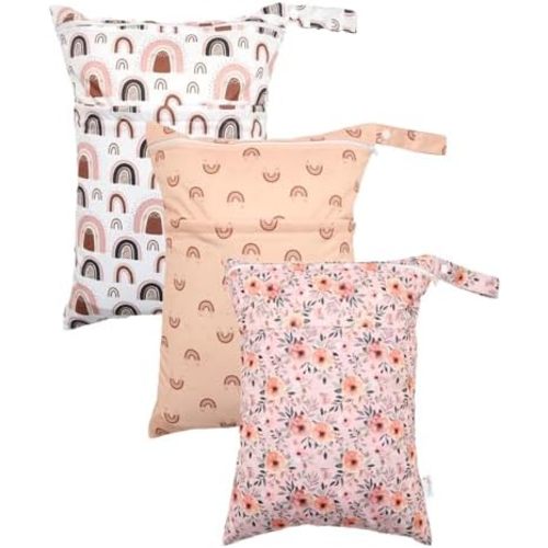 Wet Dry Bag Reusable Waterproof Swimming Bag Travel Beach Pool Yoga Gym Bag for Baby Cloth Diaper Swimsuits Wet Clothes Two Zipper Pockets 3 Pack Rainbow Orange Flower 3L04