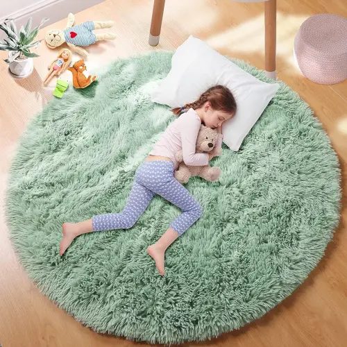 Sage Green Round Rugs for Boys Bedroom,Shaggy Circle Rug 5Ft for Kids Room,Fluffy Carpet for Classroom Shag Circular Rug for Nursery,Fuzzy Plush Rugs for Teen Dorm,Cute Baby Room Decor