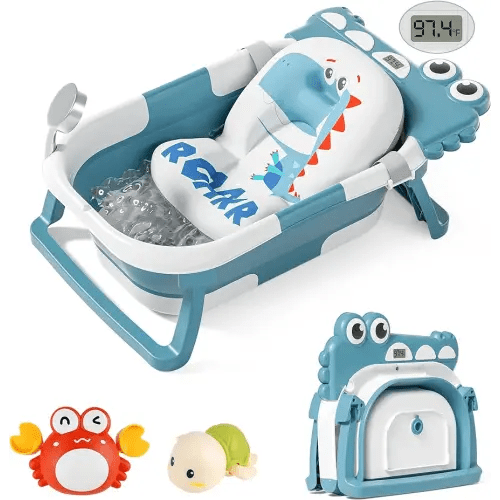 TPN Collapsible Baby Bathtub for Infants to Toddler with Real-time Temp Monitor+Floating Cushion,Foldable Baby Bath Tub Set Applicable 0-36 Month,Perfect Portable Travel Baby Tub for Newborns Boy