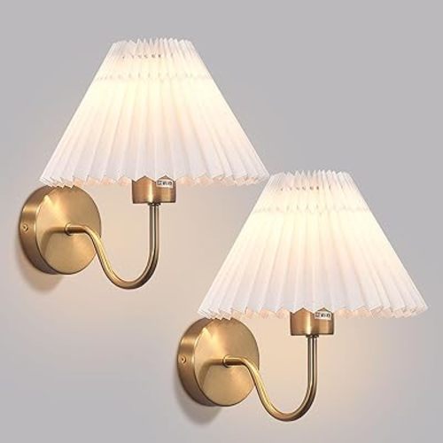 Gold Wall Sconces Sets of 2 Hardwired Wall Lamps Indoor Wall Light Fixtures with Pleated Fabric Shade Bathroom Vanity Sconces Wall Lighting for Dresser Bedroom Living Room Corridor Porch