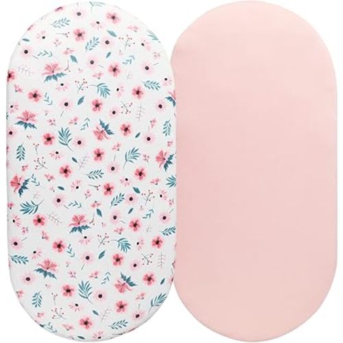 Bassinet Sheet Set 2 Pack Snug Fitted Cradle Fitted Sheets, Stretchy Ultra Soft, for Oval Rectangle Hourglass Bassinet Mattress, Unisex Boy Girl, Floral & Pink