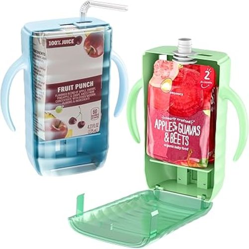 AJT 2 Pack Pouch Holder No Squeeze - Adjustable Slider Holder for Food Pouches & Juice Boxes, Spill Proof Push-Open Design & Easy Grip Handle For Baby Self-Feeding(Blue & Green)