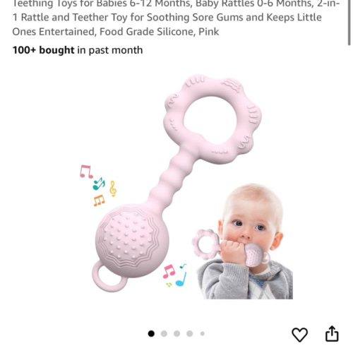 Teething Toys for Babies 6-12 Months, Baby Rattles 0-6 Months, 2-in-1 Rattle and Teether Toy for Soothing Sore Gums and Keeps Little Ones Entertained, Food Grade Silicone, Pink