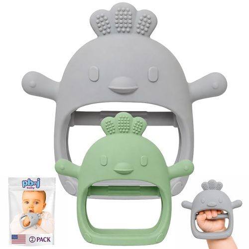 PBnJ Baby Teething Mittens for Babies 0-6 Months, 2 Pack Silicone Teething Mitten with 3 Textures & Crinkle Sound, BPA-Free Teether Glove for Teething Relief, Adjustable Baby Teething Toys 3-6 Months