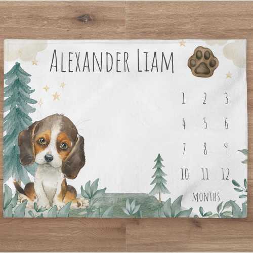 Doggy Milestone Blanket Personalized Puppy Dog Baby Boy Month Blanket Forest Nursery Custom Age Newborn Calendar Tracker New Mom Baby Gift
