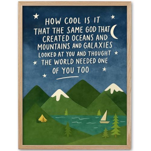 KensTro 12x16in Same God Creation Inspirational Christian Kids Wall Art,Natural OAK Wood Frame with Mountain Canvas Print,Boy First Communion and Baptism Gift for Boys,Nursery Toddler Boy's Bedroom,Apartment Decoration Adoption Gifts,1Pack Blue