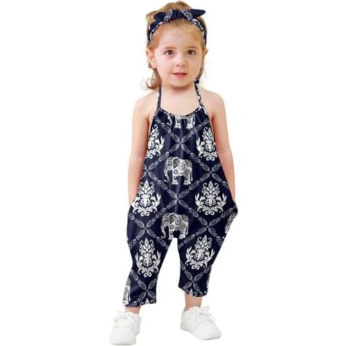 RAISEVERN Toddler Girls Romper Jumpsuit Baby kids Strap Playsuit Summer Outfits Clothes with Headband size 1-5 Years