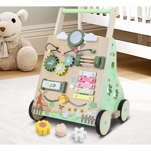 Wooden Walker with Wheels, Toddler Push and Pull Activity Center for 6-12 Months 1 2 3 Years Old