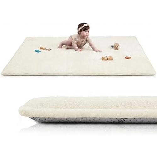 Baby Play Mat for Floor,1.3" Thick Elasti-Foam 74"×50" Playpen Mat, Non-Toxic Certified Water-Repellent Coral Velvet, Non-Slip Safe Crawling Mat for Tummy Time, Toddler & Infant(Cream)