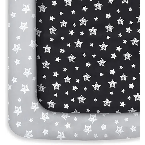 Pack and Play Sheets, 2 Pack Mini Crib Sheets, Stretchy Playard Fitted Sheet, Compatible with Graco Pack n Play, Soft and Breathable Material, Grey & Black