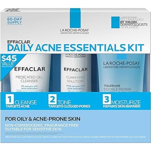 Effaclar Daily Acne Essentials Kit, Acne Treatment System, Salicylic Acid Acne Cleanser, Pore Refining Toner, & Matte Face Moisturizer for Oily Skin & Combination Skin, Oil-Free, 2 Month Supply