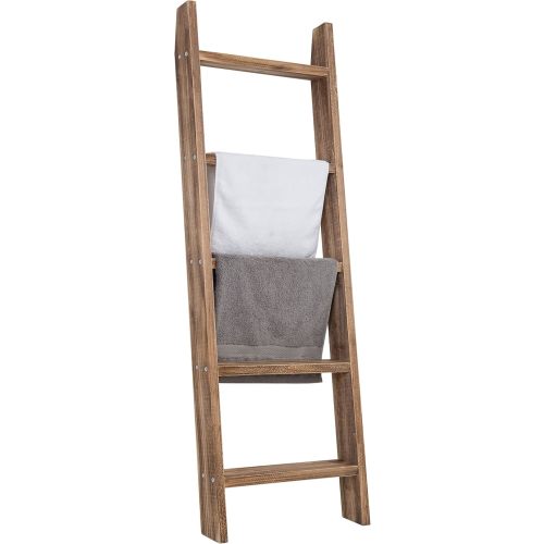 MyGift 4ft Tall Rustic Burnt Natural Wood Wall Leaning Blanket Ladder Shelf with 5 Rungs, Decorative Living Room Throw and Quilt Holder, Farmhouse Bedroom Decor