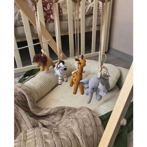 Set with 4 gym toys for wooden mobile, Handmade Natural Wood Play Gym for Babies, safari theme, gift for newborn, knitted animals