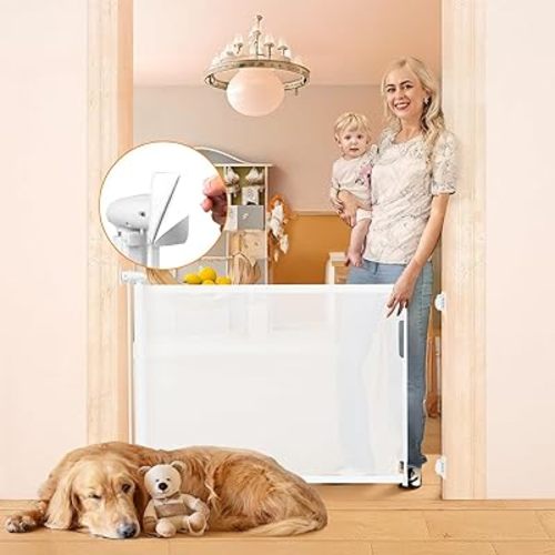 No Drill Retractable Baby Gates No Drilling Retractable Pet Gate for Stairs No Drilling Retractable Dog Gate Outdoor Retractable Gate for Baby 55” Wide Indoor Safety Gates Mesh Pet Gates for Doorways