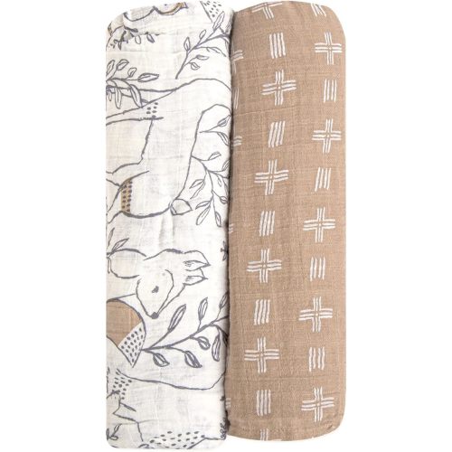 Crane Baby 100% Cotton Muslin Swaddle Blankets, Set of 2, 47" x 47", Boho Woodland Baby, Forest Animals Swaddle, Neutral Baby Items