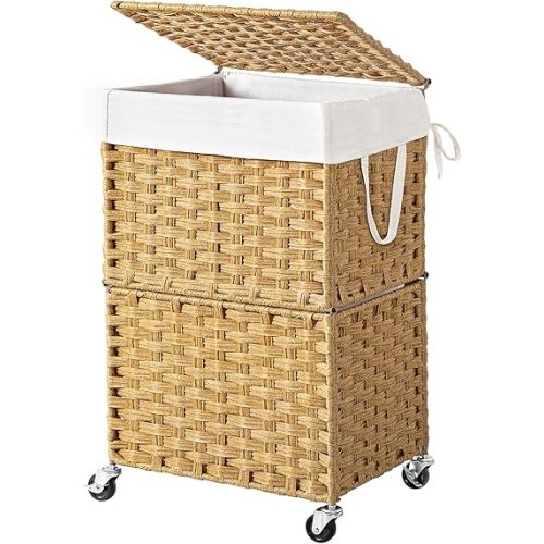 Chrislley 90L Large Laundry Hamper with Wheels,Rolling Laundry Basket with Lid and Renovable Liner Bag,Handwoven Rattan Organizer for bedroom, bathroom, laundry room (Yellow)