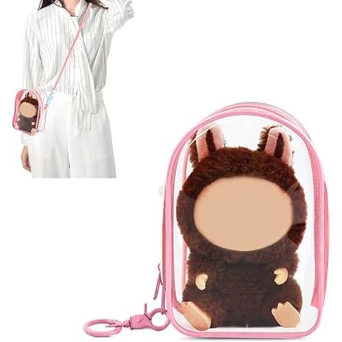 Protective Case for Plush Doll, Clear Hanging Display Case, Crossbody Doll Storage Bag, PVC Storage Case Cover for Figures, Dolls (Pink)