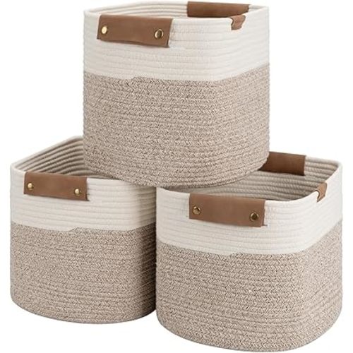 StorageWorks 11x11x11 Woven Baskets for Storage - 3 Pack, Cotton Rope Baskets with Leather Handles, White & Light Brown - Cube Storage Organizer for Bedroom, Nursery Room, Living Room