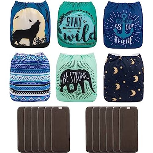 ALVABABY Baby Cloth Diapers/6 Pack with 12 pcs 5-Layer Inserts/Adjustable Washable Reusable 6CM64-ZTN