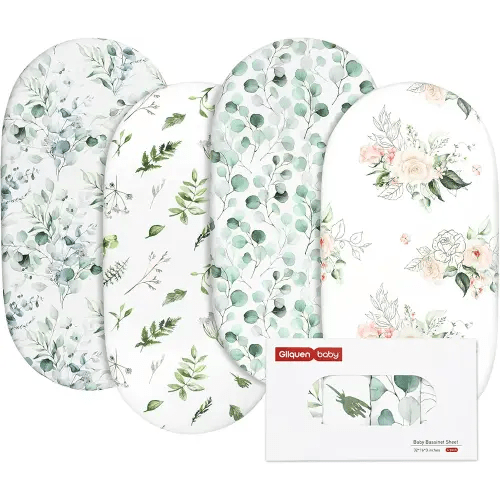 Gllquen Baby Bassinet Sheets 4 Pack, Breathable Cozy Fitted Mattress Sheet, Elastic Travel Crib Fashionable Floral Pattern, Standard Cradle Safe Sheets for Baby Boys Girls 32"x16"(Greenery)