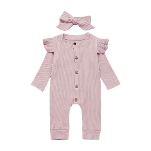 ASHMI & CO. Lilly Ruffle Shoulder Romper & Bow Headband Set, Pink