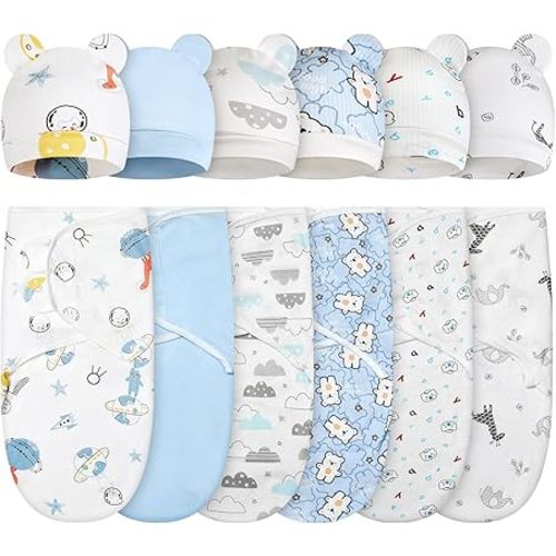 Ramede 6 Pack Baby Swaddle Blanket with Hats Sleep Swaddle for 0-3 Months Newborn Sacks Soft Cotton Wearable for Boy Girl