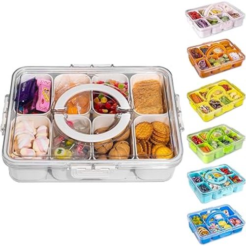 Divided Snack Serving Tray with Lid and Handle travel Snackle Box Charcuterie Container Portable Storage Organizer for Candy, Fruits, Nuts, Snacks 1Pack White