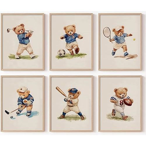 6Pcs Nursery Teddy Bear Wall Art Bear Sports Canvas Paintings Vintage Boy Room Wall Decor Cute Kids Animal Posters Prints Kindergarten football Pictures for Children Bedroom Playroom Unframed