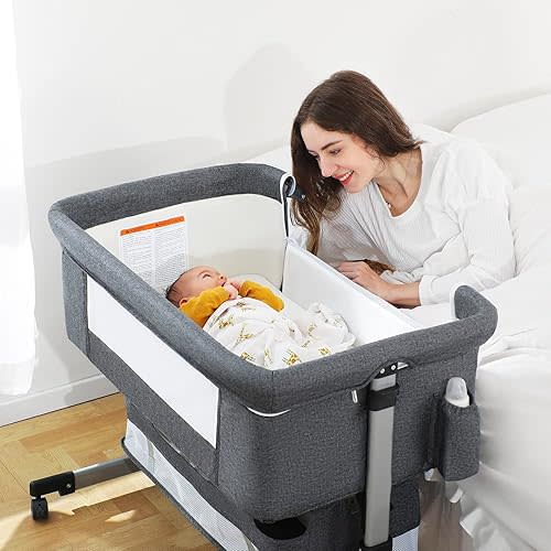 Ihoming Baby Bassinet Bedside Sleeper, Baby Bed Side Crib with Storage Basket, Easy Folding Bassinets, Adjustable Baby Bed for Infant Newborn, Gray
