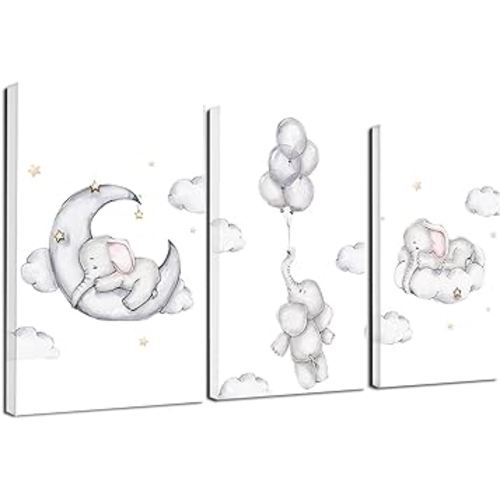 Nicjoy Elephant Moon Balloon Poster Cloud Cartoon Animal Nursery Art Print Canvas Wall Picture Nordic Painting Baby Children Room Decoration 3Psc/Set (8x12inchx3(20x30cmx3),NO Frame)