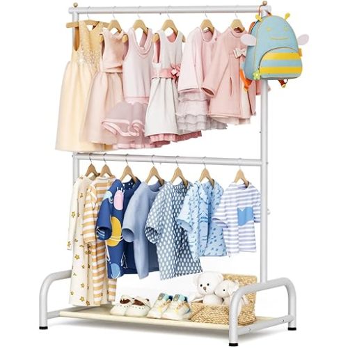 Double Rod Kids Clothing Rack for Hanging Clothes, Small Dress up Storage with Bottom Shelf, Metal Garment Rack for Shirts, Dance Costumes, and Baby Clothes (White)