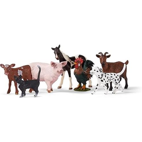 Schleich Farm World 7-Piece Farm Animal Gift Set Including Dalmatian, Cat, Pig, Goat, Rooster, Texas Longhorn Calf and Pinto Foal Animal Toys