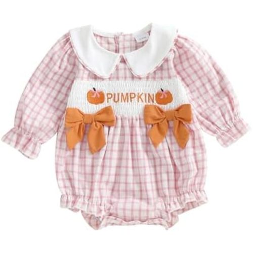 MoZiKQin Baby Girl Thanksgiving Outfit Turkey Bubble Romper Long Sleeve Doll Collar Plaid Jumpsuit Boutique Fall Clothes
