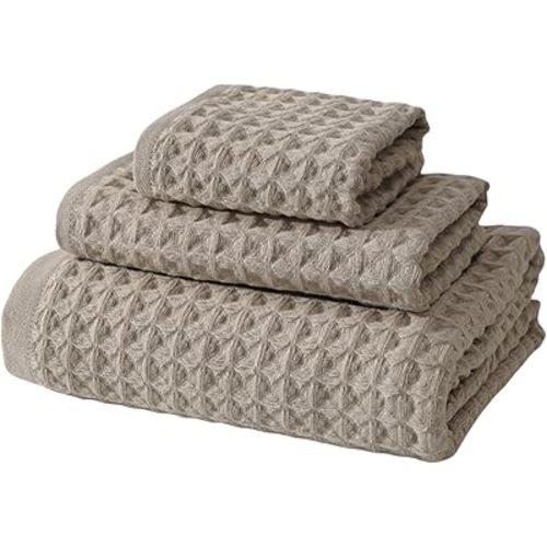 100% Cotton Waffle Bath Towels for Bathroom Soft Waffle Weave Bath Towel Set Oversize Quick Dry Waffle Bath Towel Hand Towel Face Towel 3 PCS Set (Light Gray)