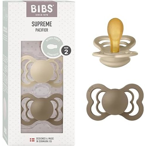BIBS Pacifiers - Supreme Collection | BPA-Free Symmetrical Nipple | Natural Rubber Latex | Made in Denmark | Set of 2 Vanilla/Dark Oak Color Premium Soothers | Size 6-18 Months