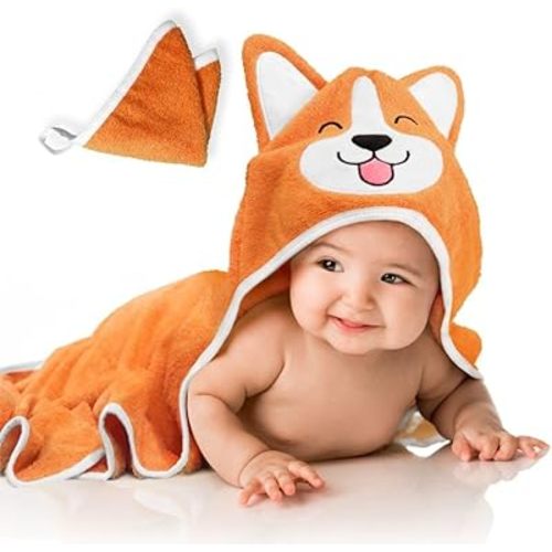 Organic Corgi Dog Baby Bath Hooded Towel - Cozy & Warm - Ultra Soft and Absorbent - Baby Bath - Babies - Toddler - Newborn - Pets - Free Washcloth - 35" x 35" (Orange)