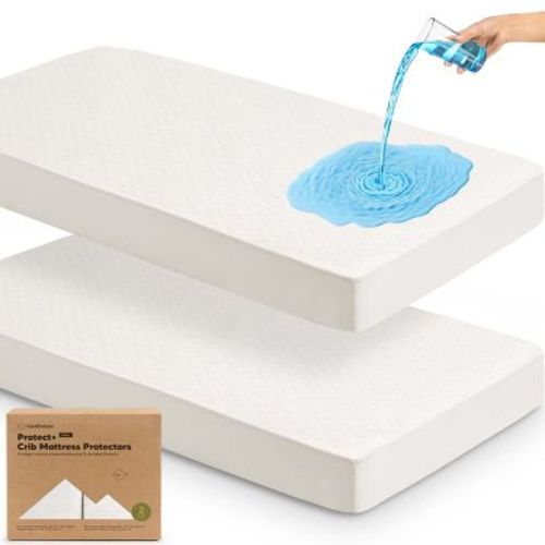 2-Pack Protect+ Waterproof Crib Mattress Protector Covers, Mavy Quilted Cotton Baby Mattress Topper, Toddler Crib Sheets (Mist Rose)