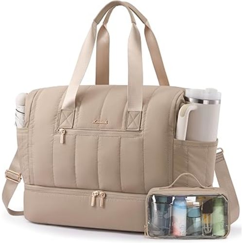 LOVEVOOK Travel Duffle Bag,Puffer Weekender Bags For Women with Shoe Compartment,42L Carry On Duffel Bags For Airplanes,Hospital Bag for Labor and Delivery,Overnight Bsg With Toiletry,2Pcs Set