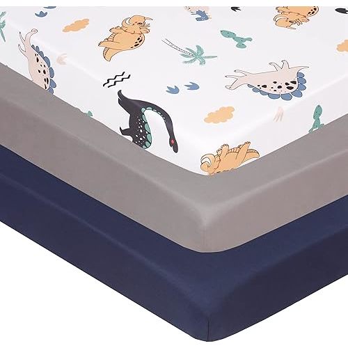 Belsden Pack of 3 Mini Crib Sheet Set, Pack N Play Sheet Set for Baby Boys and Girls, Cloudy Soft Touch and Machine Washable, Fitted Playard/Portable Crib Sheet, Dino & Navy & Gray
