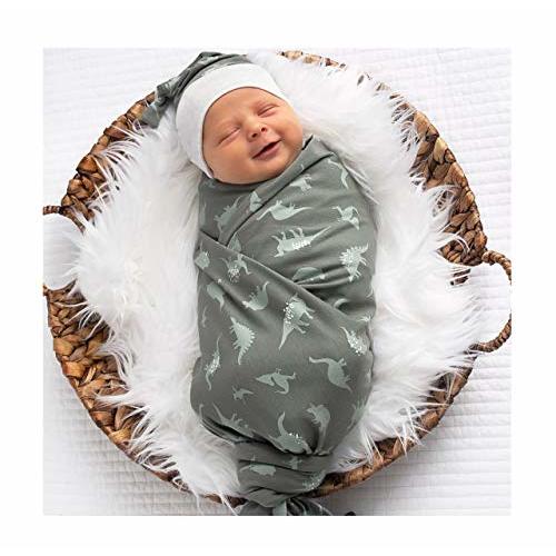 Giggle Angel Baby Boy Receiving Blanket Swaddle Blanket Newborn Wrap Sack Headband Set -Dinosaur Pattern (Green)