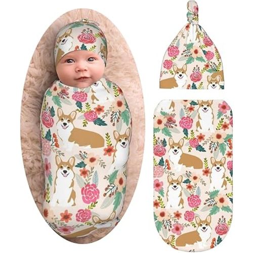 Cute Corgi Dog Baby Stuff Newborn Swaddle Blanket Cartoon Wrap Blanket Soft Stretchy Sleep Sack with Beanie Hat Gifts for Boys Girls Infant