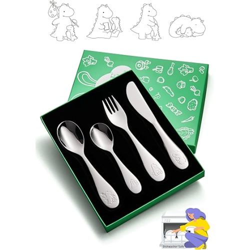 Toddlers Silverware Set, 18/10 Stainless Steel Safe Kids Silverware, Cute Baby Utensils Reusable Metal Mirror Polished Child Flatware Cutlery Includes Fork Spoon Knife for Eating, 4 Pieces
