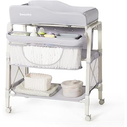 Sweeby Portable Baby Changing Table, Foldable Changing Table Dresser Changing Station for Infant, Waterproof Pad Topper, Mobile Nursery Organizer for Newborn Essentials,Haze Grey