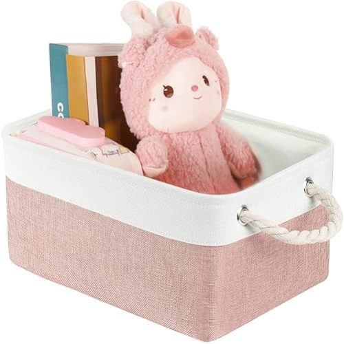 Storage Bins with Sturdy Cotton Handles(1 Pack), Fabric Storage Baskets for Organizing use for Office & Home, Book, Clothes, Toys, Closet Boxes (Large, Blue-White, 14.2x10.2x7.1 inches)
