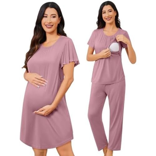 SWOMOG 3PCS Maternity Nursing Nightgown & Pajamas Set Short Sleeve Pjs for Breastfeeding Hospital Pregnancy Lounge Sets