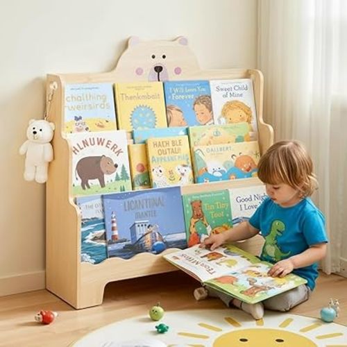 Wooden Montessori Kids Bookshelf, Scalloped Book Shelf for Kids Rooms, Bear Toddler Bookcase with Handles for Classroom, Playroom, Nursery