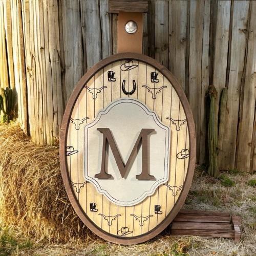 Western Baby Monogram Sign Wood Leather Accent Cowboy Hat Boots Longhorn Horse Shoe Pattern Nursery Decoration, Nursery Sign